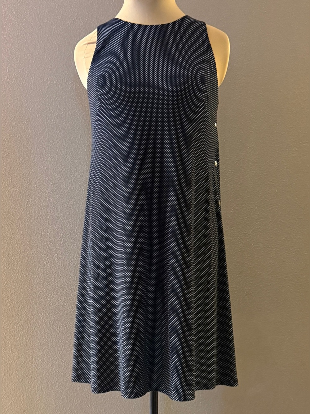 Lauren Ralph Lauren Sleeveless Navy Polka Dot Swing Dress Silver Buttons Size 10